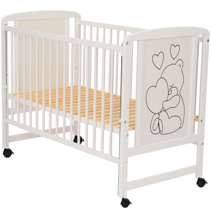 Patut din lemn, 120x60 cm, Cu laterala culisanta, Din lemn de pin si mdf, Stabil si rezistent, Inaltime saltea reglabila pe 3 nivele, Laterala cu 3 bete detasabile, EN716-1, EN716-2, Alb, Qmini, Timmi Heart + Saltea 12 cm