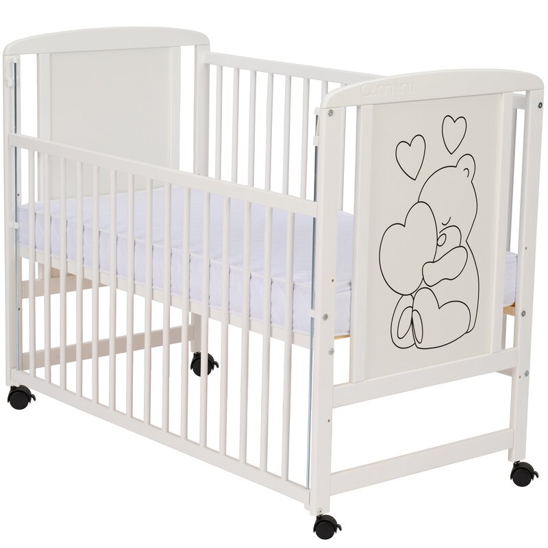 Patut din lemn, 120x60 cm, Cu laterala culisanta, Din lemn de pin si mdf, Stabil si rezistent, Inaltime saltea reglabila pe 3 nivele, Laterala cu 3 bete detasabile, EN716-1, EN716-2, Alb, Qmini, Timmi Heart + Saltea 12 cm