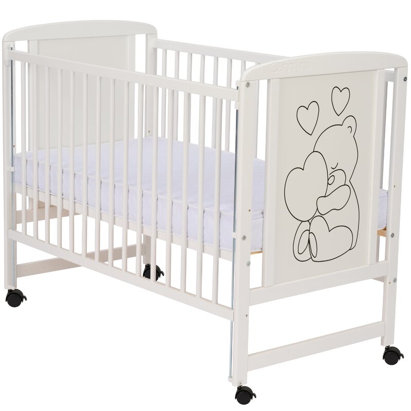 Patut din lemn, 120x60 cm, Cu laterala culisanta, Din lemn de pin si mdf, Stabil si rezistent, Inaltime saltea reglabila pe 3 nivele, Laterala cu 3 bete detasabile, EN716-1, EN716-2, Alb, Qmini, Timmi Heart + Saltea 12 cm