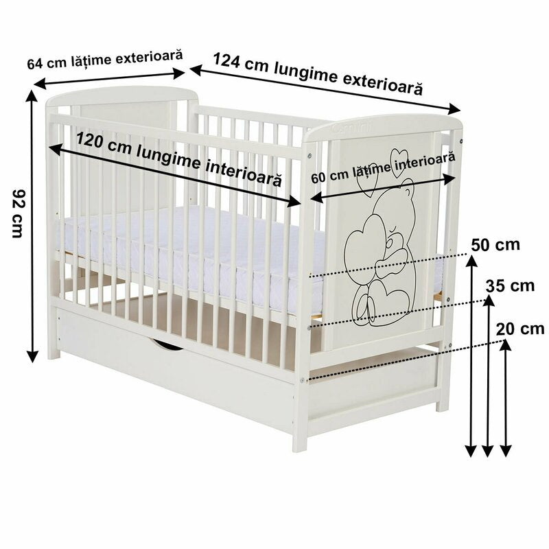 Patut din lemn bebe, 120x60 cm, Cu sertar, Din lemn de pin si mdf, Stabil si rezistent, Inaltime saltea reglabila pe 3 nivele, Laterala cu 3 bete detasabile, EN716-1, EN716-2, Alb, Qmini, Timmi Heart
