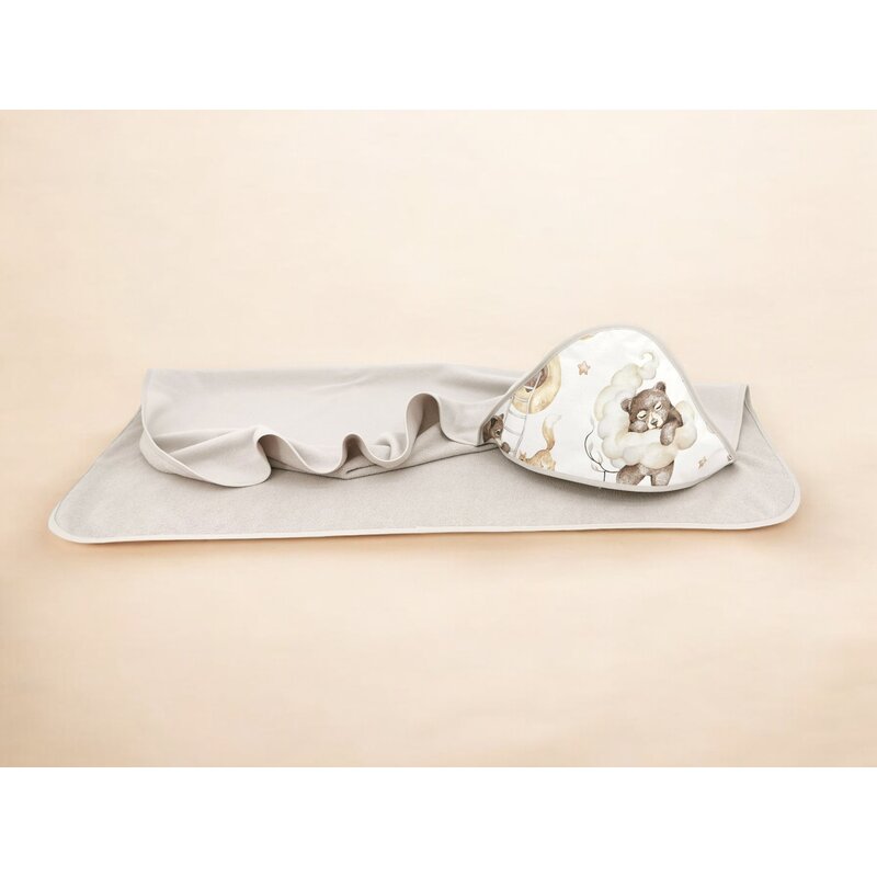 Prosop cu gluga, Qmini, Mare, Dimensiune 100x100 cm, Din bumbac si thermo fleece, Materiale certificate Oeko Tex Standard 100, Teddy Bear and Friends Beige