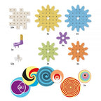 Set roti dintate Quercetti Kaleido Gears Eco – roți, conectori, baze și discuri ilustrate
