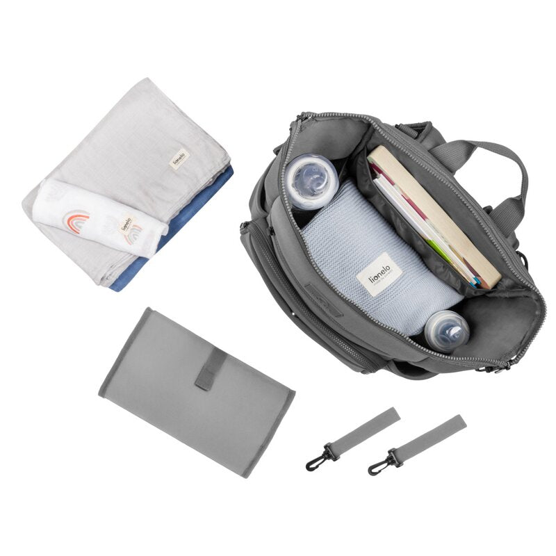 Rucsac impermeabil pentru mamici, Lionelo, Cube, Cu 12 compartimente si salteluta de schimbat, Cu prindere universala de carucior, 36 x 36 x 23 cm, Gri