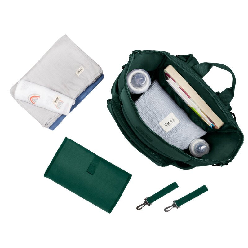 Rucsac impermeabil pentru mamici, Lionelo, Cube, Cu 12 compartimente si salteluta de schimbat, Cu prindere universala de carucior, 36 x 36 x 23 cm, Verde