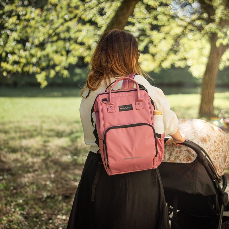 Rucsac pentru mamici, Petite&Mars, Jack, Cu 11 compartimente, Cu buzunare termice, Saltea de infasat inclusa, 30 x 42 x 15 cm, Dusty Rose