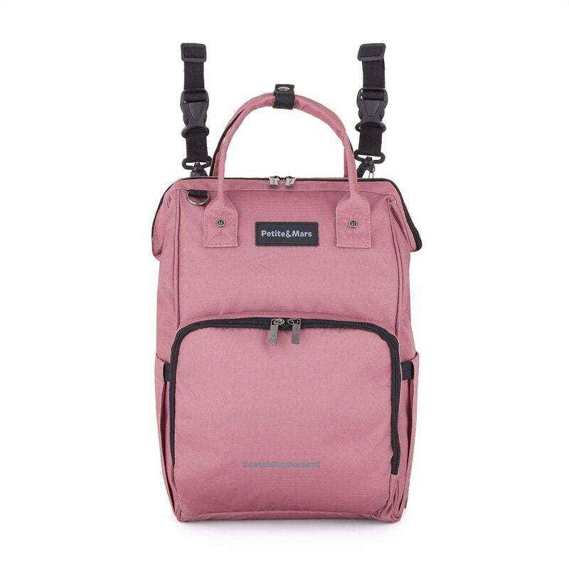 Rucsac pentru mamici, Petite&Mars, Jack, Cu 11 compartimente, Cu buzunare termice, Saltea de infasat inclusa, 30 x 42 x 15 cm, Dusty Rose