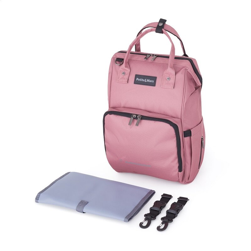 Rucsac pentru mamici, Petite&Mars, Jack, Cu 11 compartimente, Cu buzunare termice, Saltea de infasat inclusa, 30 x 42 x 15 cm, Dusty Rose