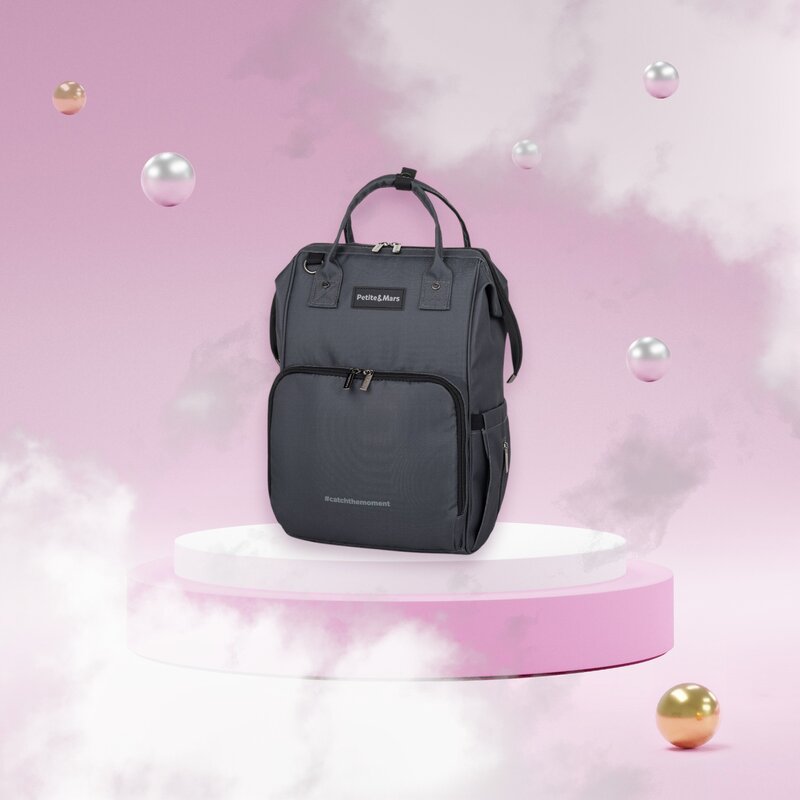Rucsac pentru mamici, Petite&Mars, Jack, Cu 11 compartimente, Cu buzunare termice, Saltea de infasat inclusa, 30 x 42 x 15 cm, Ultimate Grey