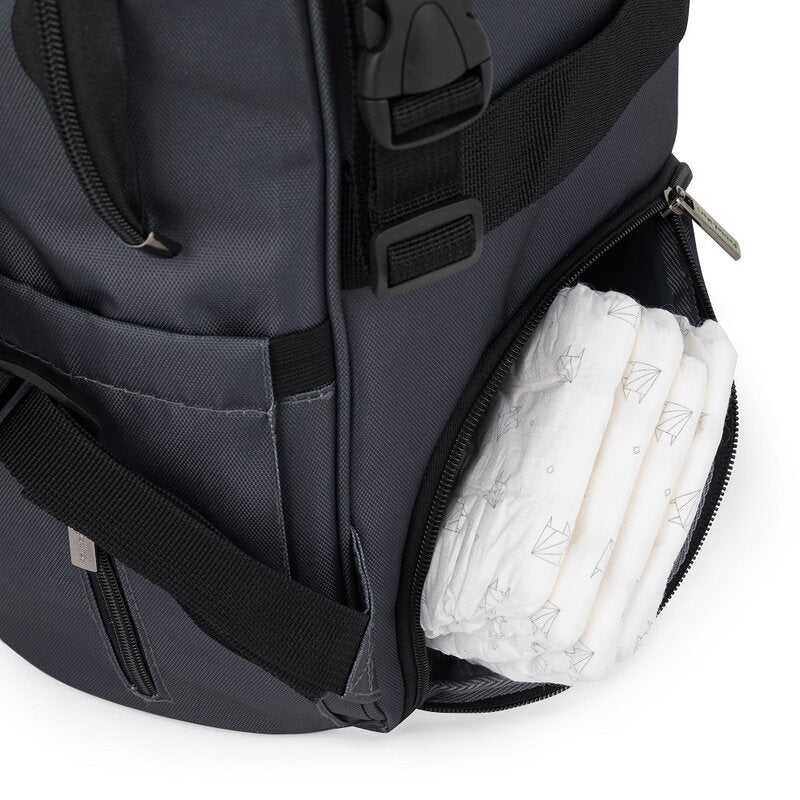 Rucsac pentru mamici, Petite&Mars, Jack, Cu 11 compartimente, Cu buzunare termice, Saltea de infasat inclusa, 30 x 42 x 15 cm, Ultimate Grey