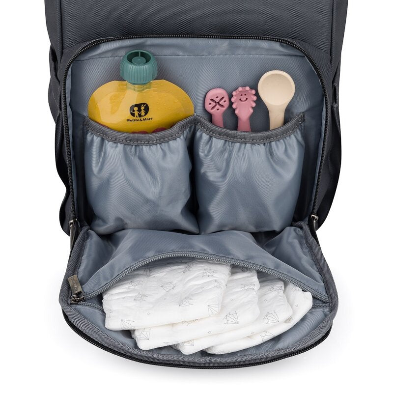 Rucsac pentru mamici, Petite&Mars, Jack, Cu 11 compartimente, Cu buzunare termice, Saltea de infasat inclusa, 30 x 42 x 15 cm, Ultimate Grey