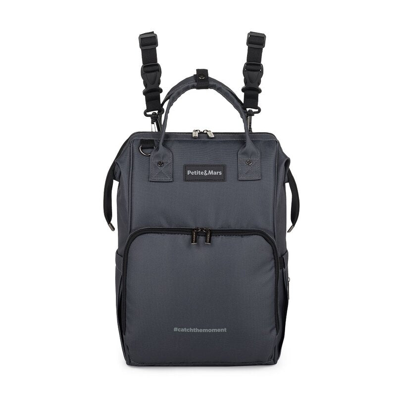 Rucsac pentru mamici, Petite&Mars, Jack, Cu 11 compartimente, Cu buzunare termice, Saltea de infasat inclusa, 30 x 42 x 15 cm, Ultimate Grey