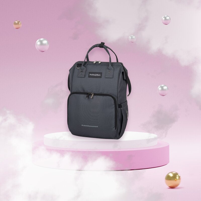 Rucsac pentru mamici, Petite&Mars, Jack, Cu 11 compartimente, Cu buzunare termice, Saltea de infasat inclusa, 30 x 42 x 15 cm, Ultimate Grey