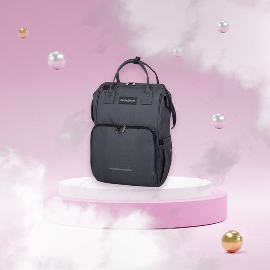 Rucsac pentru mamici, Petite&Mars, Jack, Cu 11 compartimente, Cu buzunare termice, Saltea de infasat inclusa, 30 x 42 x 15 cm, Ultimate Grey