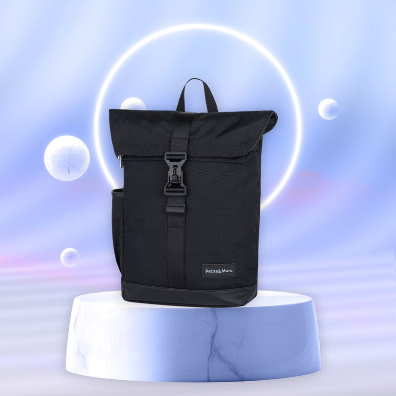 Rucsac pentru mamici, Petite&Mars, Jakob, Cu 8 compartimente, Cu buzunar termic, Saltea de infasat inclusa, 30 x 46 x 15 cm, Absolute Black