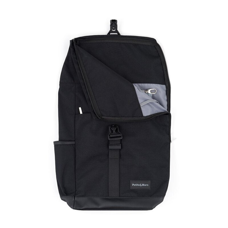Rucsac pentru mamici, Petite&Mars, Jakob, Cu 8 compartimente, Cu buzunar termic, Saltea de infasat inclusa, 30 x 46 x 15 cm, Absolute Black