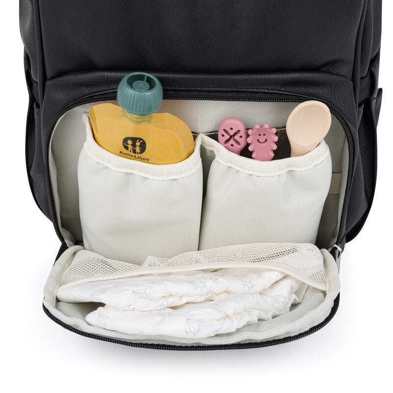 Rucsac pentru mamici, Petite&Mars, Jasper, Cu 12 compartimente, Cu buzunare termice, Saltea de infasat inclusa, 27 x 41 x 14 cm, Absolute Black