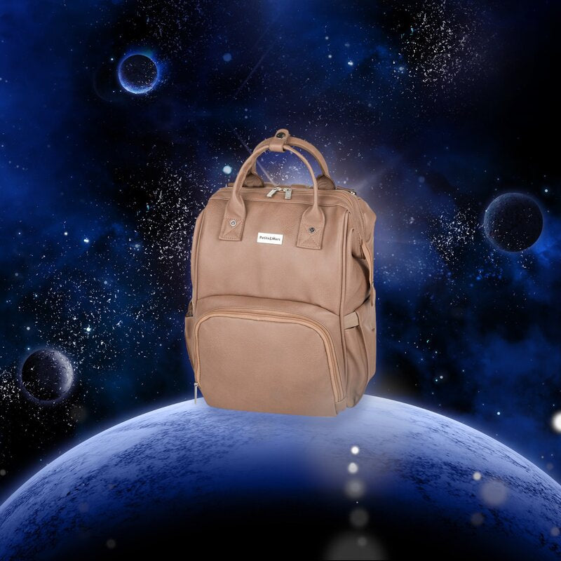 Rucsac pentru mamici, Petite&Mars, Jasper, Cu 12 compartimente, Cu buzunare termice, Saltea de infasat inclusa, 27 x 41 x 14 cm, Camel Beige