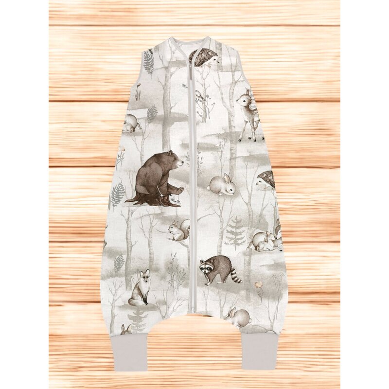 Sac de dormit, MimiNu, Cu picioruse, De iarna, Din bumbac certificat Oeko Tex Standard 100, Cu fermoar pe mijloc, 103 cm, 2-6 ani, 2.5 Tog, Design, Woodland