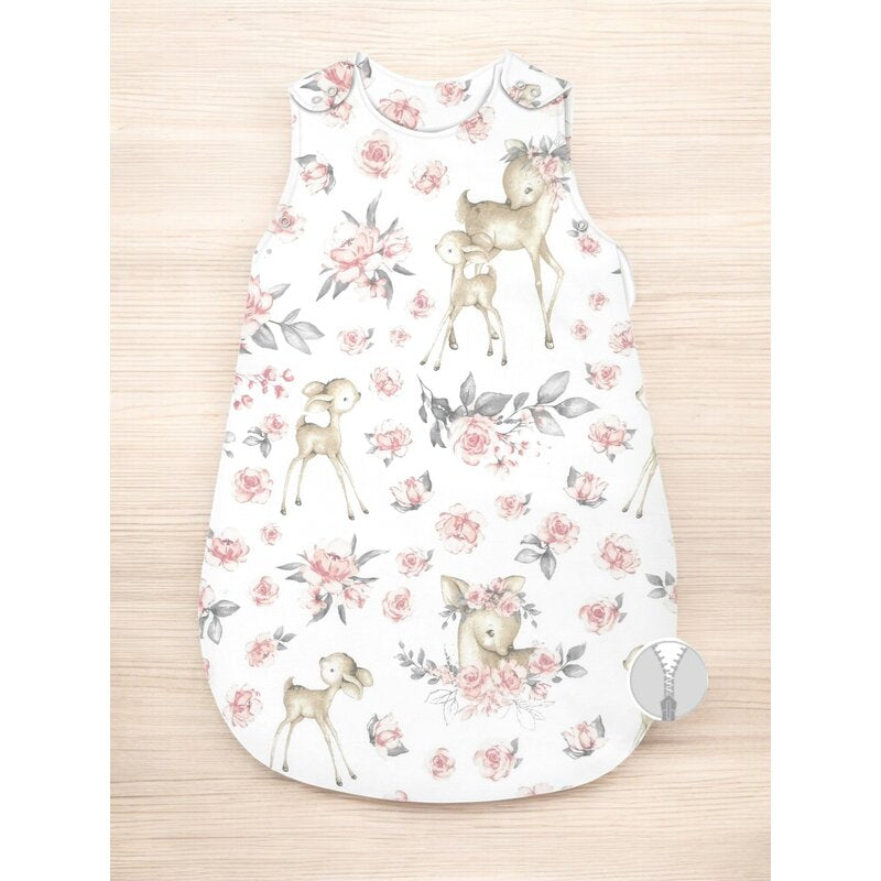 Sac de dormit, MimiNu, Pentru bebelusi, De iarna, Din bumbac certificat Oeko Tex Standard 100, Cu fermoar lateral, Cu capse pe umar, 70 cm, 0 - 6 luni, 2.5 Tog, Sweet Deer Pink