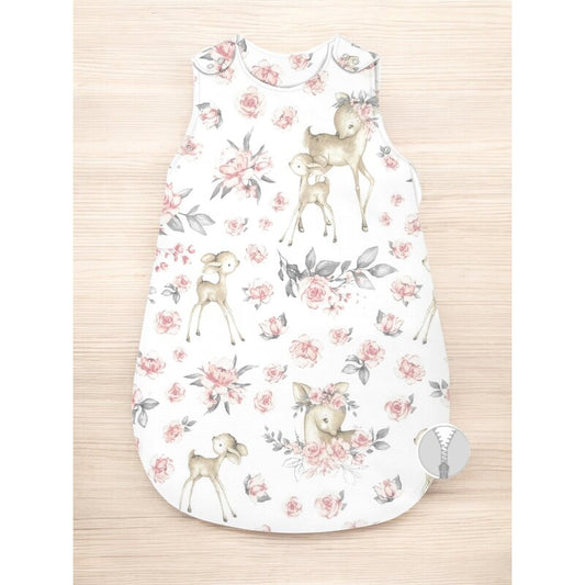 Sac de dormit, MimiNu, Pentru bebelusi, De iarna, Din bumbac certificat Oeko Tex Standard 100, Cu fermoar lateral, Cu capse pe umar, 70 cm, 0 - 6 luni, 2.5 Tog, Sweet Deer Pink
