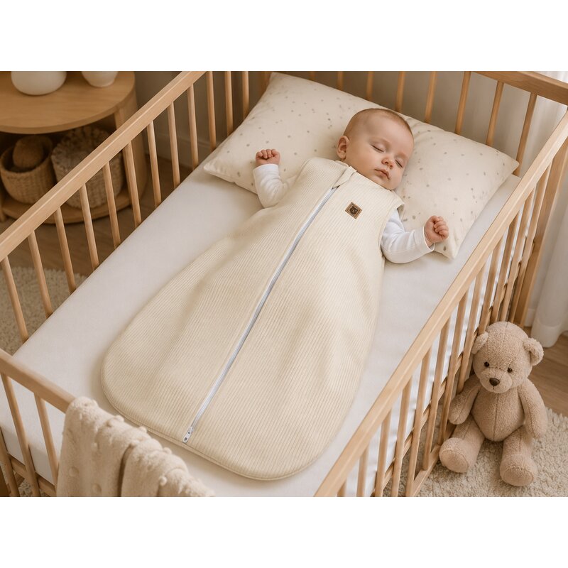 Sac de dormit, MimiNu, Premium, Din bumbac interlock, Materiale certificate Oeko Tex Standard 100, Cu fermoar, 3 - 12 luni, 2.5 Tog, Soft Beige