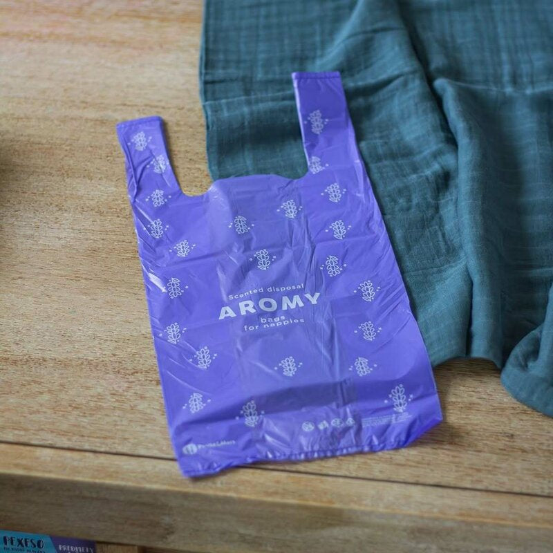 Saci parfumati, Petite&Mars, Pentru scutece, Aromy, Cu miros de lavanda, Rezistenti, Manere lungi, 100 bucati, Mov