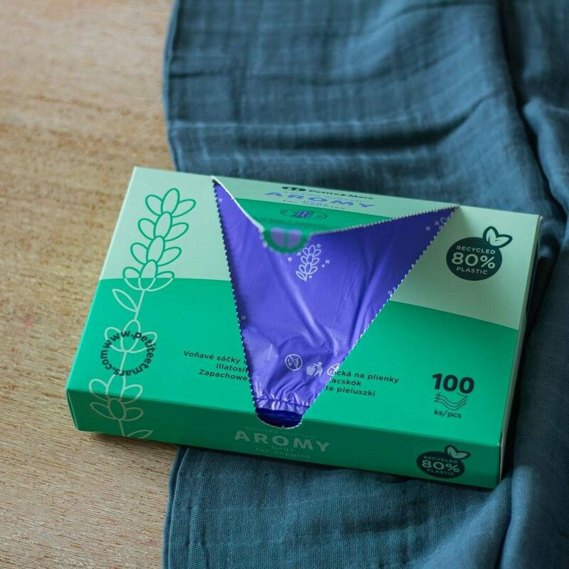 Saci parfumati, Petite&Mars, Pentru scutece, Aromy, Cu miros de lavanda, Rezistenti, Manere lungi, 100 bucati, Mov
