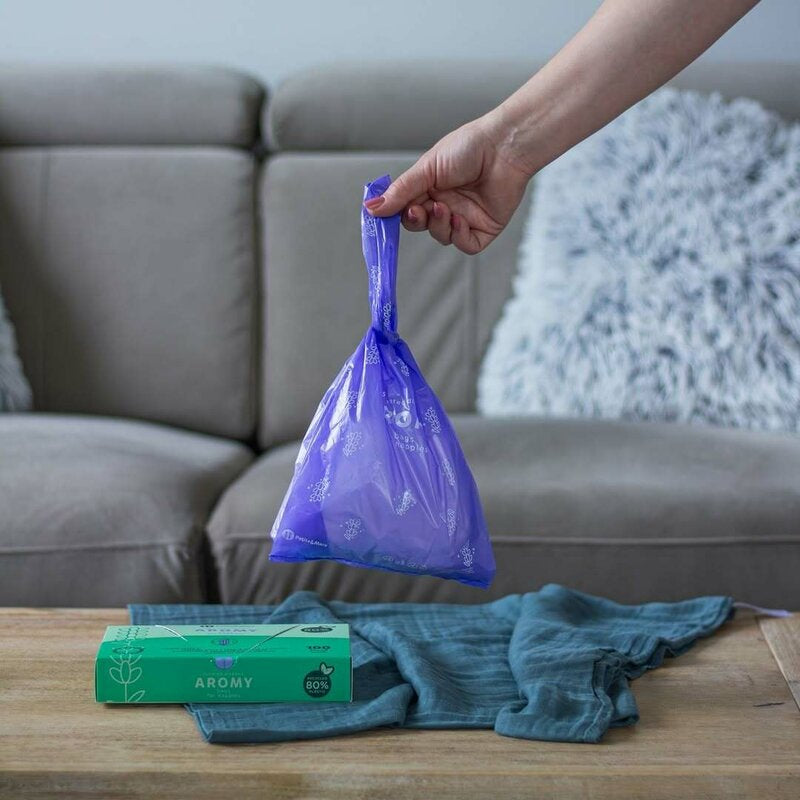 Saci parfumati, Petite&Mars, Pentru scutece, Aromy, Cu miros de lavanda, Rezistenti, Manere lungi, 100 bucati, Mov