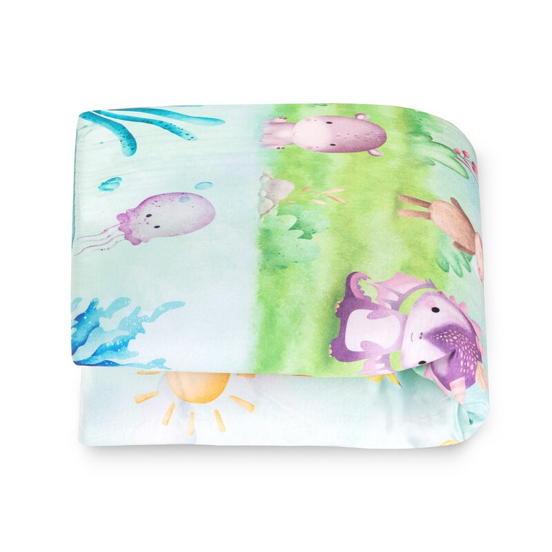 Salteluta interactiva, Lionelo, Anika, 8 jucarii senzoriale, detasabile, fosnaitoare, logopedice, Lavabila la masina, Husa din bambus, 116x112 cm, Multicolor