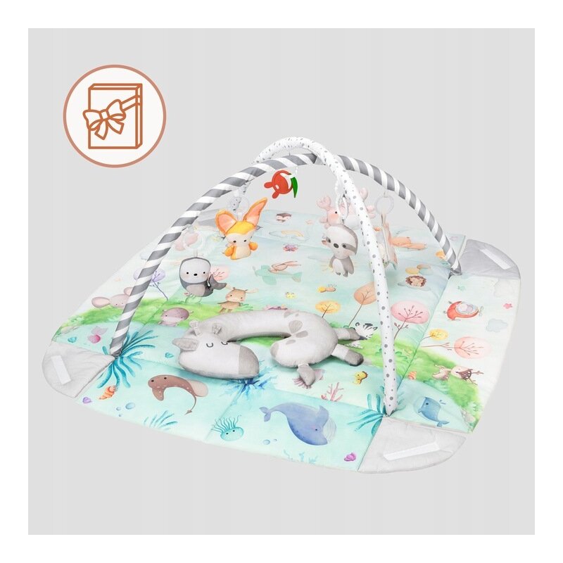 Salteluta interactiva, Lionelo, Anika, 8 jucarii senzoriale, detasabile, fosnaitoare, logopedice, Lavabila la masina, Husa din bambus, 116x112 cm, Multicolor