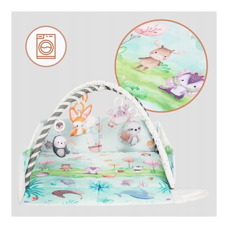 Salteluta interactiva, Lionelo, Anika, 8 jucarii senzoriale, detasabile, fosnaitoare, logopedice, Lavabila la masina, Husa din bambus, 116x112 cm, Multicolor