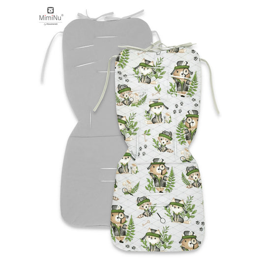 Salteluta pentru carucior, MimiNu, Reversibila, Cu doua fete, Din catifea si bumbac, Materiale certificate Oeko Tex Standard 100, 78 x 34 cm, Minky Detective Natural