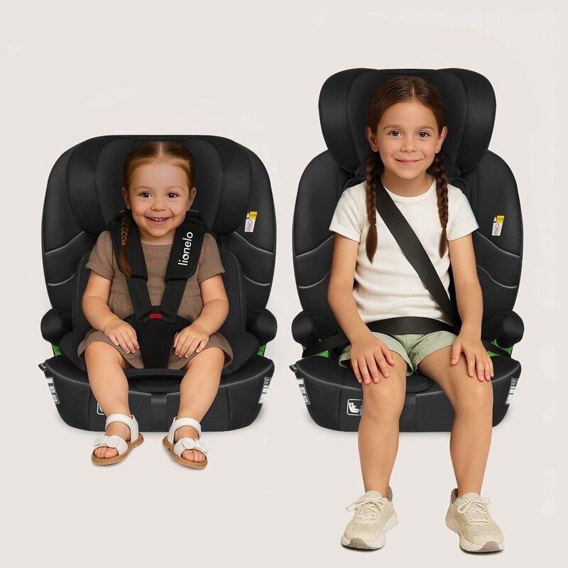 Scaun auto i-Size, Lionelo, Billy , 76 - 150 cm, 1/2/3, Isofix + top tether, Tetiera reglabila in 10 pozitii, Insertie ergonomica, Tapiterie lavabila, Testat la impact, Baza lata, Conform cu R129, Negru