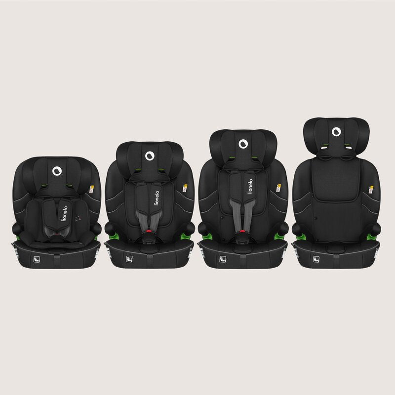 Scaun auto i-Size, Lionelo, Billy , 76 - 150 cm, 1/2/3, Isofix + top tether, Tetiera reglabila in 10 pozitii, Insertie ergonomica, Tapiterie lavabila, Testat la impact, Baza lata, Conform cu R129, Negru