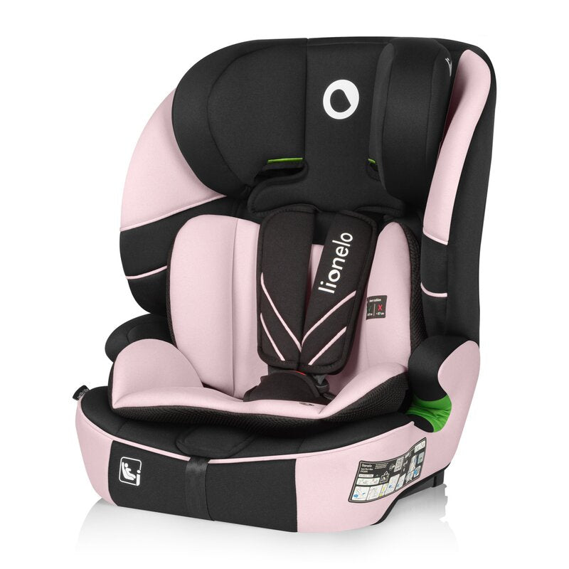 Scaun auto i-Size, Lionelo, Levi Fix, 76 - 150 cm, 1/2/3, ISOFIX + Top Tether, Tetiera reglabila in 10 pozitii, Insertie ergonomica Dri-Seat, Tapiterie lavabila, Testat la impact, Baza lata, Cotiere practice, Conform cu R129, Roz