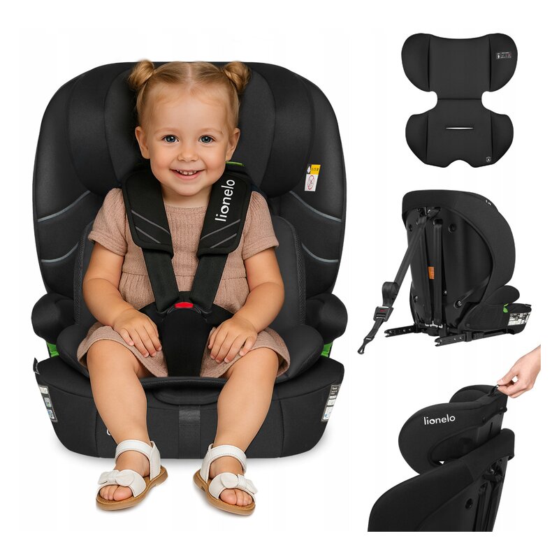 Scaun auto i-Size, Lionelo, Levi Fix, 76 - 150 cm, 1/2/3, ISOFIX + Top Tether, Tetiera reglabila in 10 pozitii, Insertie ergonomica Dri-Seat, Tapiterie lavabila, Testat la impact, Baza lata, Cotiere practice, Conform cu R129, Negru