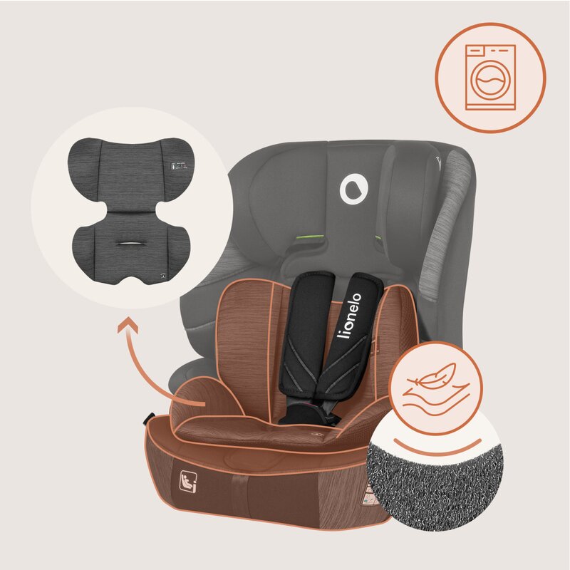 Scaun auto i-Size, Lionelo, Levi Fix, 76 - 150 cm, 1/2/3, ISOFIX + Top Tether, Tetiera reglabila in 10 pozitii, Insertie ergonomica Dri-Seat, Tapiterie lavabila, Testat la impact, Baza lata, Cotiere practice, Conform cu R129, Negru/Gri