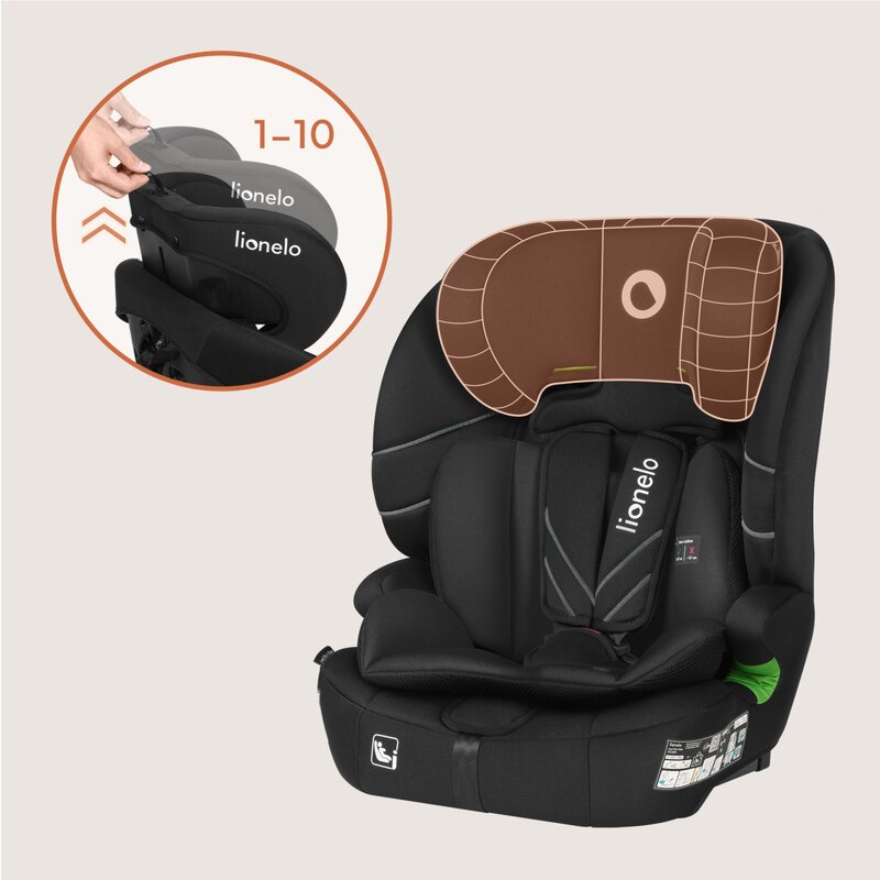 Scaun auto i-Size, Lionelo, Levi Fix, 76 - 150 cm, 1/2/3, ISOFIX + Top Tether, Tetiera reglabila in 10 pozitii, Insertie ergonomica Dri-Seat, Tapiterie lavabila, Testat la impact, Baza lata, Cotiere practice, Conform cu R129, Negru