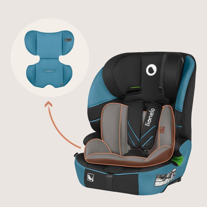 Scaun auto i-Size, Lionelo, Levi Fix, 76 - 150 cm, 1/2/3, ISOFIX + Top Tether, Tetiera reglabila in 10 pozitii, Insertie ergonomica Dri-Seat, Tapiterie lavabila, Testat la impact, Baza lata, Cotiere practice, Conform cu R129, Albastru
