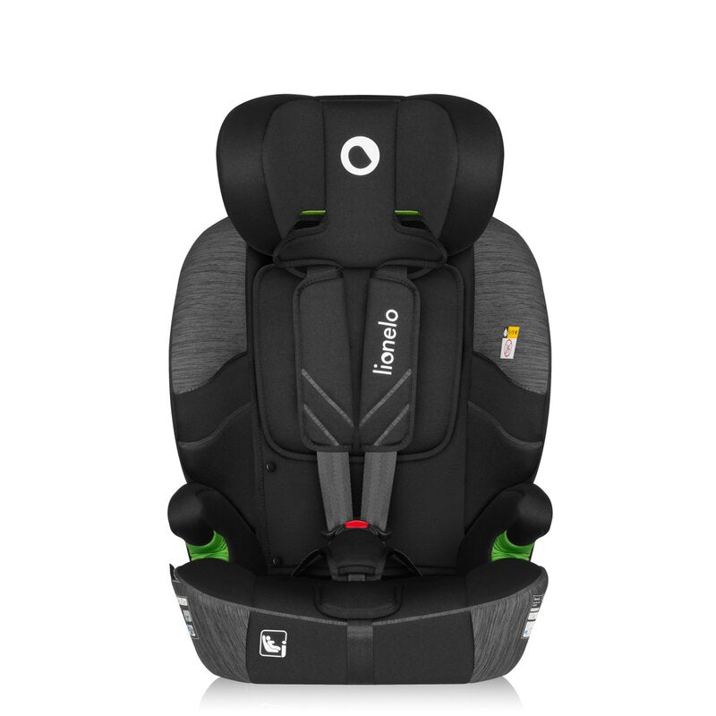 Scaun auto i-Size, Lionelo, Levi Fix, 76 - 150 cm, 1/2/3, ISOFIX + Top Tether, Tetiera reglabila in 10 pozitii, Insertie ergonomica Dri-Seat, Tapiterie lavabila, Testat la impact, Baza lata, Cotiere practice, Conform cu R129, Negru/Gri