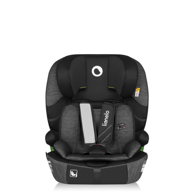 Scaun auto i-Size, Lionelo, Levi Fix, 76 - 150 cm, 1/2/3, ISOFIX + Top Tether, Tetiera reglabila in 10 pozitii, Insertie ergonomica Dri-Seat, Tapiterie lavabila, Testat la impact, Baza lata, Cotiere practice, Conform cu R129, Negru/Gri
