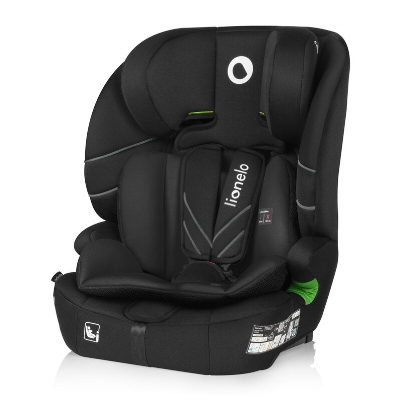 Scaun auto i-Size, Lionelo, Levi Fix, 76 - 150 cm, 1/2/3, ISOFIX + Top Tether, Tetiera reglabila in 10 pozitii, Insertie ergonomica Dri-Seat, Tapiterie lavabila, Testat la impact, Baza lata, Cotiere practice, Conform cu R129, Negru