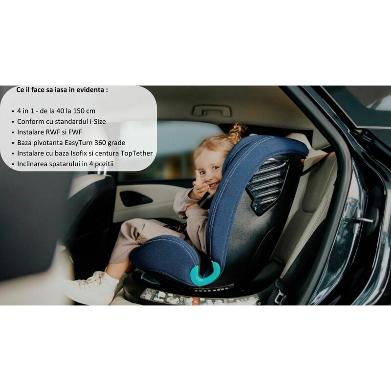Scaun auto, Lionelo, Bastiaan One i-Size, 4 in 1, Protectie laterala, Cu spatar inclinabil in 4 pozitii, Cu tetiera reglabila in 13 pozitii, Rotire 360 grade, Top Tether, 0-36 Kg, 40-150 cm, Cu Isofix, Conform cu ECE R129, Gri