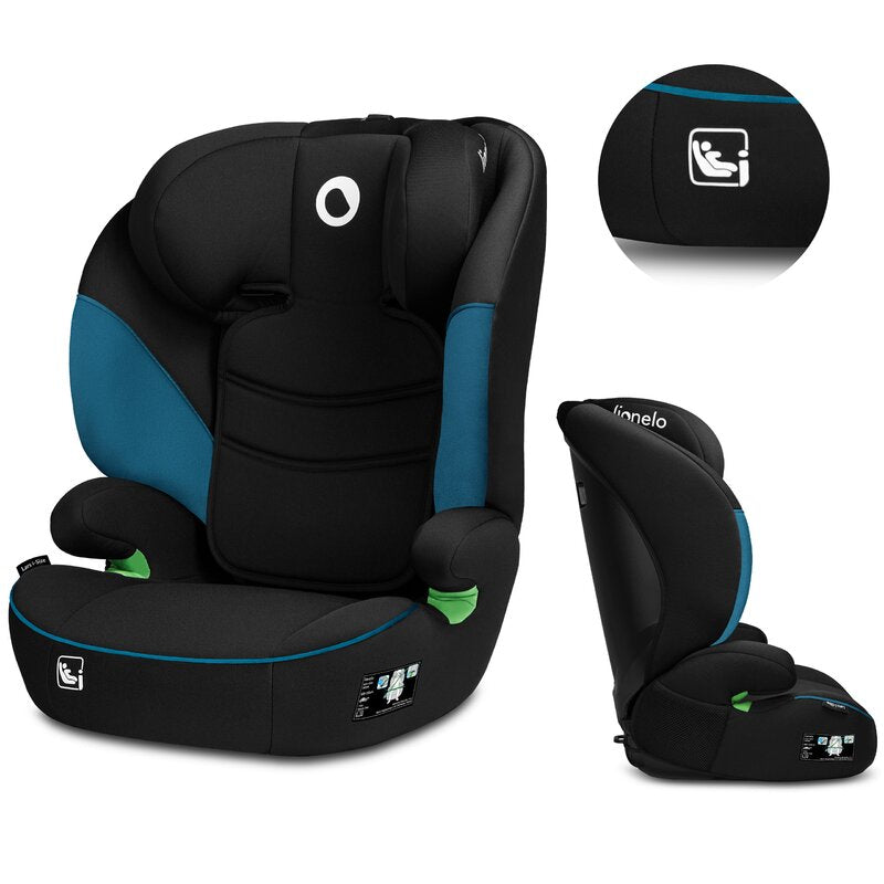 Scaun auto, Lionelo, Lars i-Size, Cu tetiera reglabila in 10 pozitii, Cu pozitionare spre sensul de mers, 15-36 Kg, 100-150 cm, Conform cu standardul european de securitate ECE R129 03, Negru Albastru