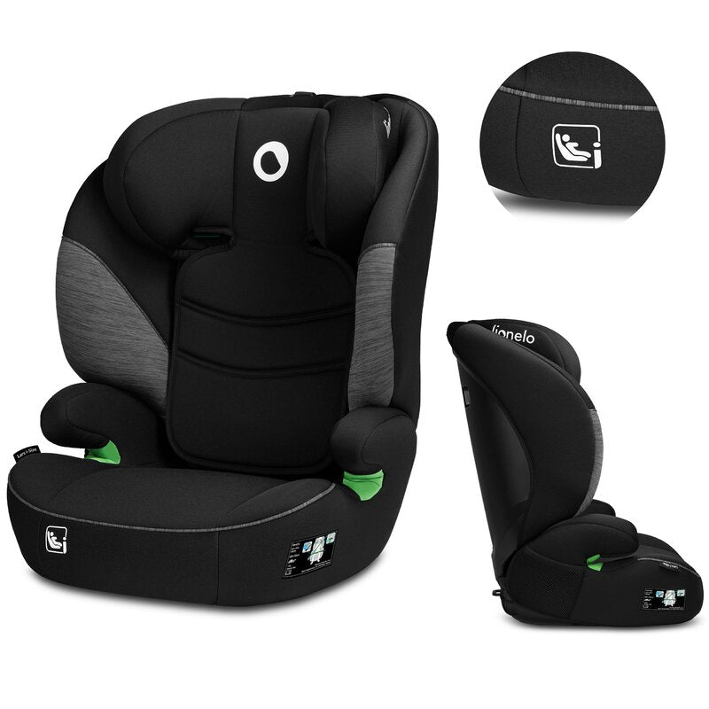 Scaun auto, Lionelo, Lars i-Size, Cu tetiera reglabila in 10 pozitii, Cu pozitionare spre sensul de mers, 15-36 Kg, 100-150 cm, Conform cu standardul european de securitate ECE R129/03, Negru/Gri