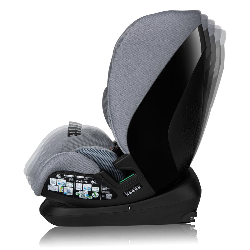 Scaun auto, Lionelo, Lavender I-size, Isofix, Cu centura TopTether, Cu spatar inclinabil in 5 pozitii, Cu tetiera reglabila in 13 pozitii, Instalare cu fata inainte, 9-36 Kg, 76-150 cm, Conform cu ECE