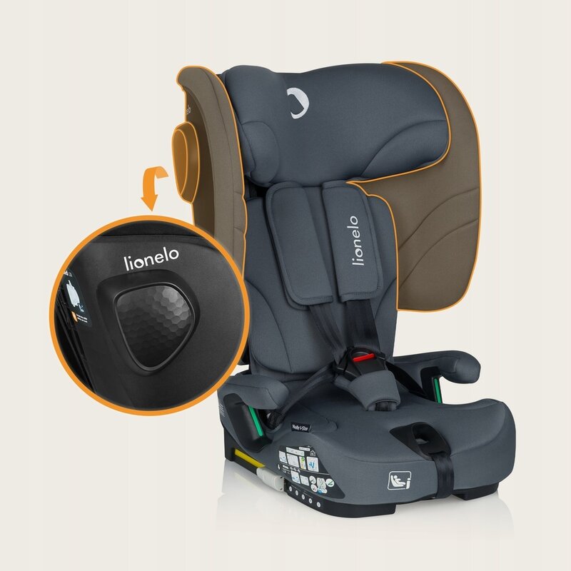 Scaun auto pliabil, Lionelo, Nelly, i-Size, 76- 150 cm, Tetiera reglabila in 15 pozitii, Spatar reglabil in 4 pozitii, Sisteme de fixare Isofix si Top Tether, Sezut lat si confortabil, Conform cu ECE R129, Gri