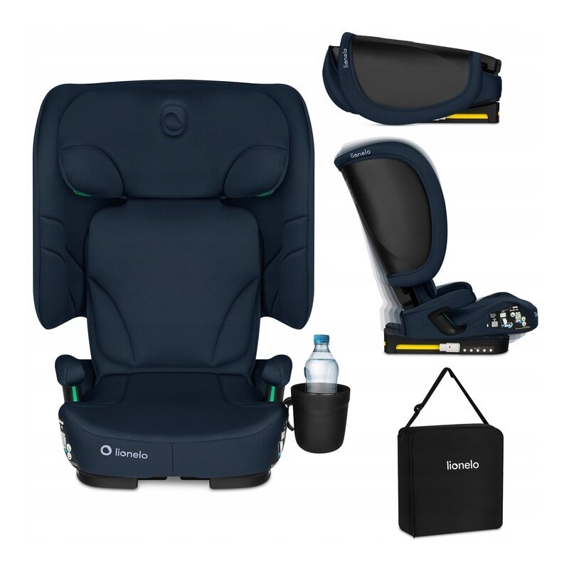 Scaun auto pliabil, Lionelo, Orin, i-Size, 100-150 cm, Tetiera reglabila in 14 pozitii, Spatar in 4 pozitii, Isofix+Top Tether, Sezut ergonomic, Husa transport, Suport sticla, Albastru