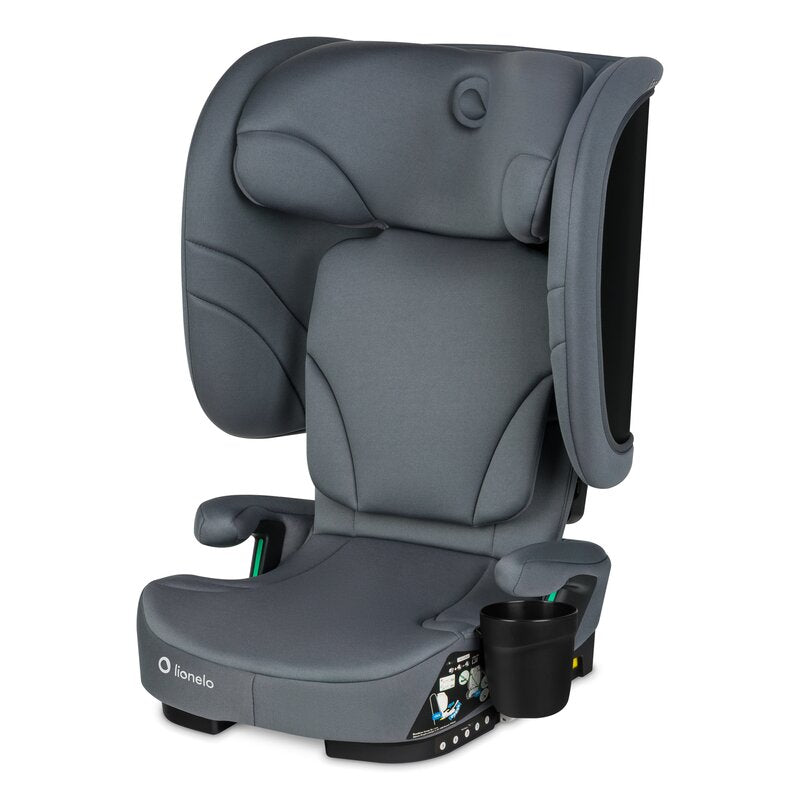 Scaun auto pliabil, Lionelo, Orin, i-Size, 100-150 cm, Tetiera reglabila in 14 pozitii, Spatar in 4 pozitii, Isofix+Top Tether, Sezut ergonomic, Husa transport, Suport sticla, Gri Grafit