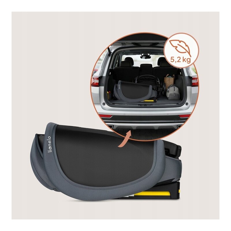 Scaun auto pliabil, Lionelo, Orin, i-Size, 100-150 cm, Tetiera reglabila in 14 pozitii, Spatar in 4 pozitii, Isofix+Top Tether, Sezut ergonomic, Husa transport, Suport sticla, Gri Grafit